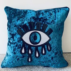 Handmade embellished sequined evil eye blue crushed velvet pillow!